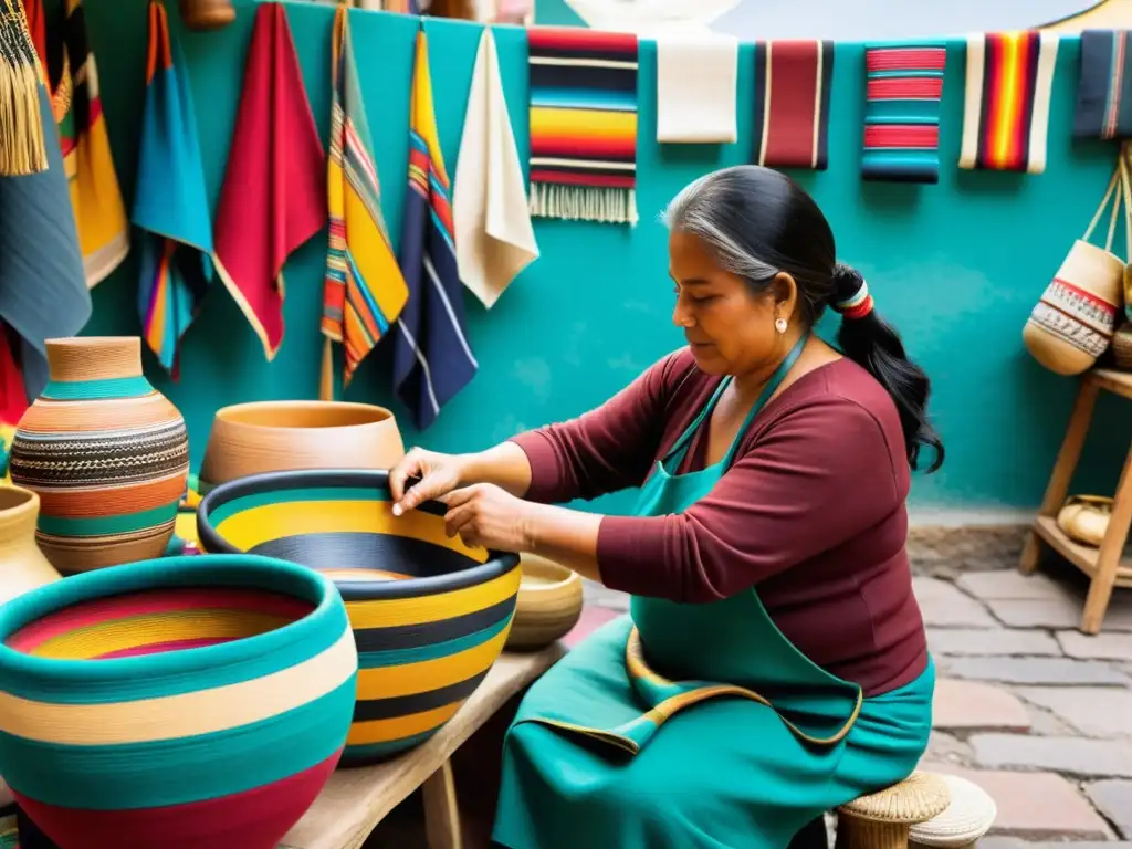 Un mercado de arte vibrante en una ciudad latinoamericana, con textiles, cerámica y pinturas coloridas