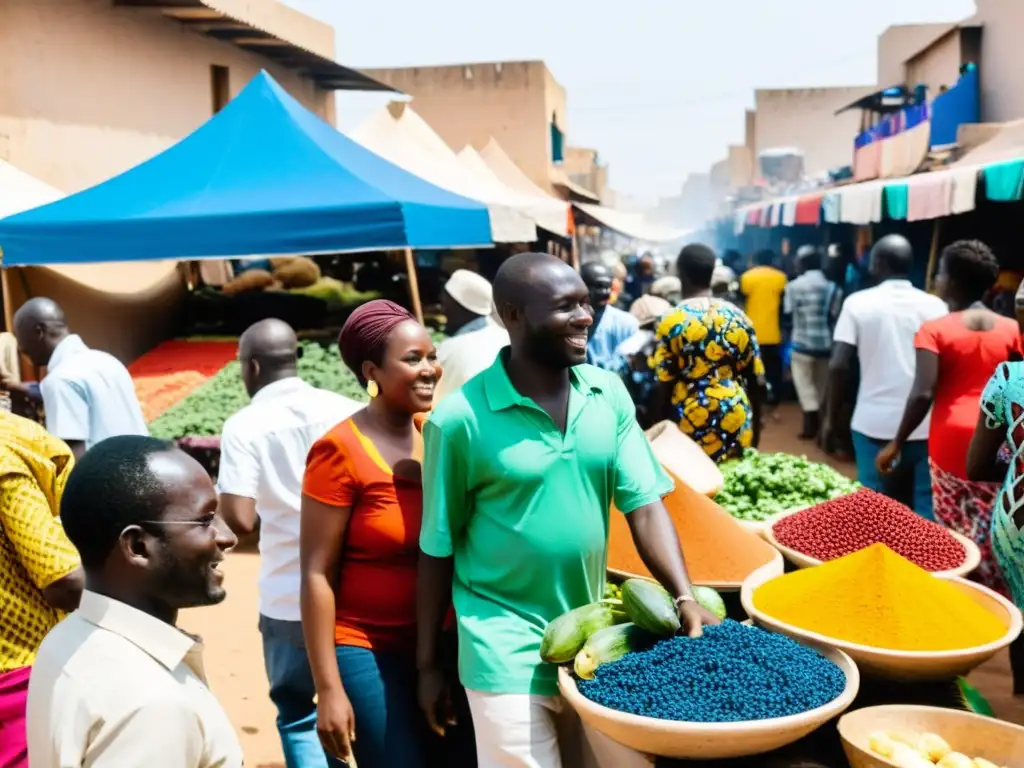 Un mercado bullicioso al aire libre en Dakar, Senegal, con vendedores de telas coloridas, artesanías tradicionales y productos frescos, mientras los lugareños conversan animadamente en francés, mostrando la fusión de la influencia francesa y las costumbres africanas tradicionales en la vida di