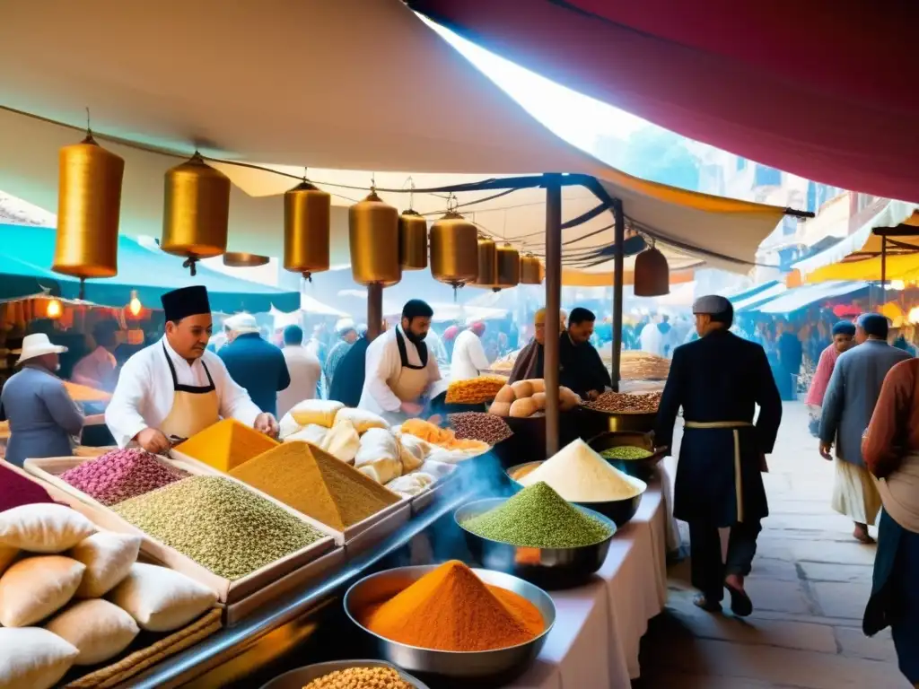 Mercado vibrante en la Ruta de la Seda Mercado bullicioso de la antigua Ruta de la Seda, con encuentros gastronómicos del Oriente y el Occidente, colores vibrantes y detalles exquisitos