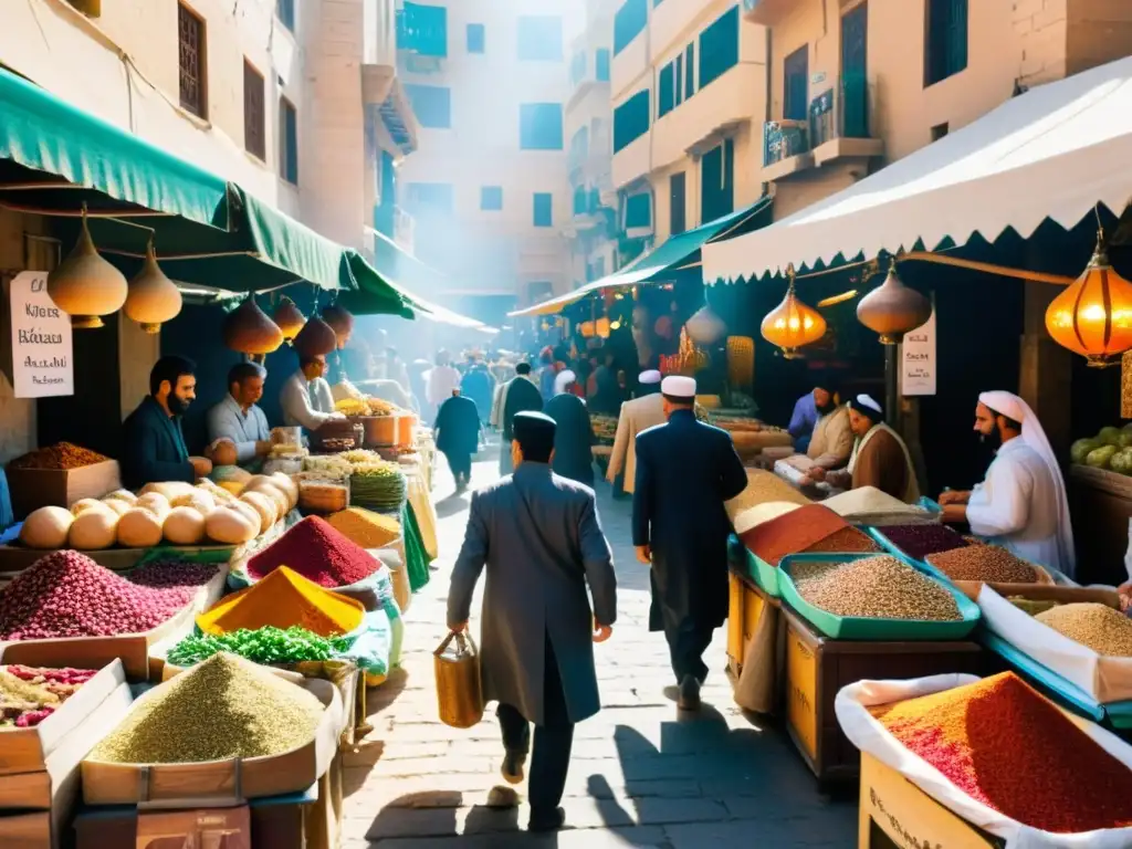 Un mercado bullicioso en una ciudad del Medio Oriente, con una colorida variedad de especias, frutas y platos tradicionales