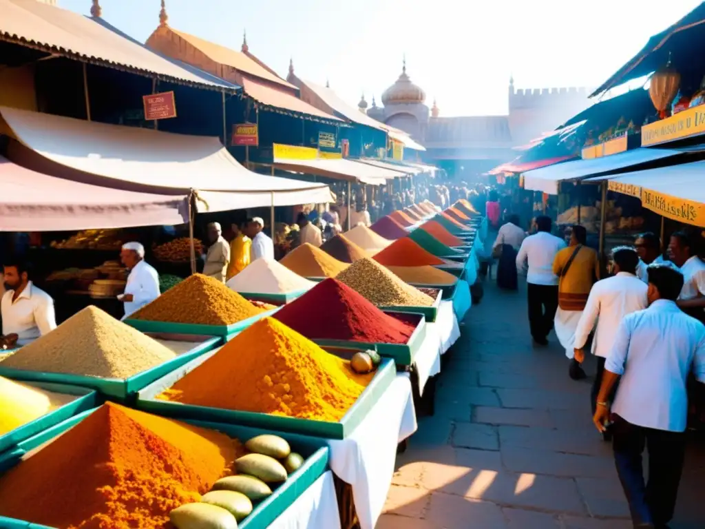 Un mercado bullicioso en una ciudad histórica, con puestos vibrantes rebosantes de especias coloridas de todo el mundo