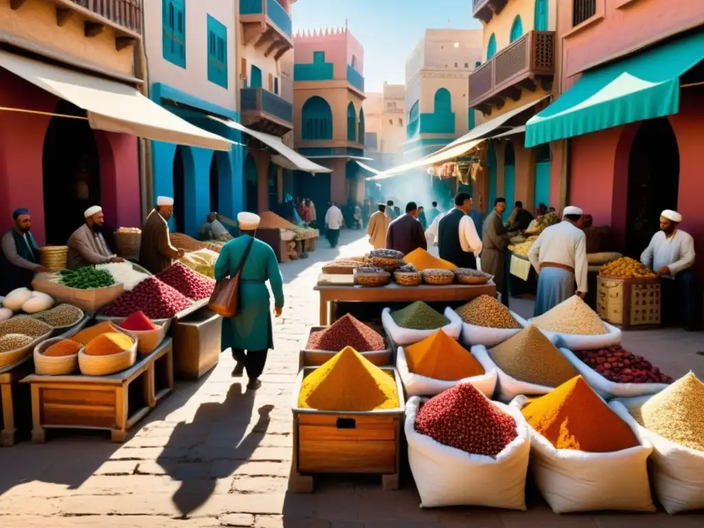 Mercado bullicioso en una ciudad del norte de África, con colores vibrantes y arquitectura detallada