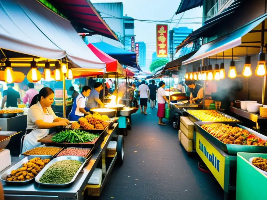 Mercado bullicioso de cocina callejera en Bangkok, Tailandia