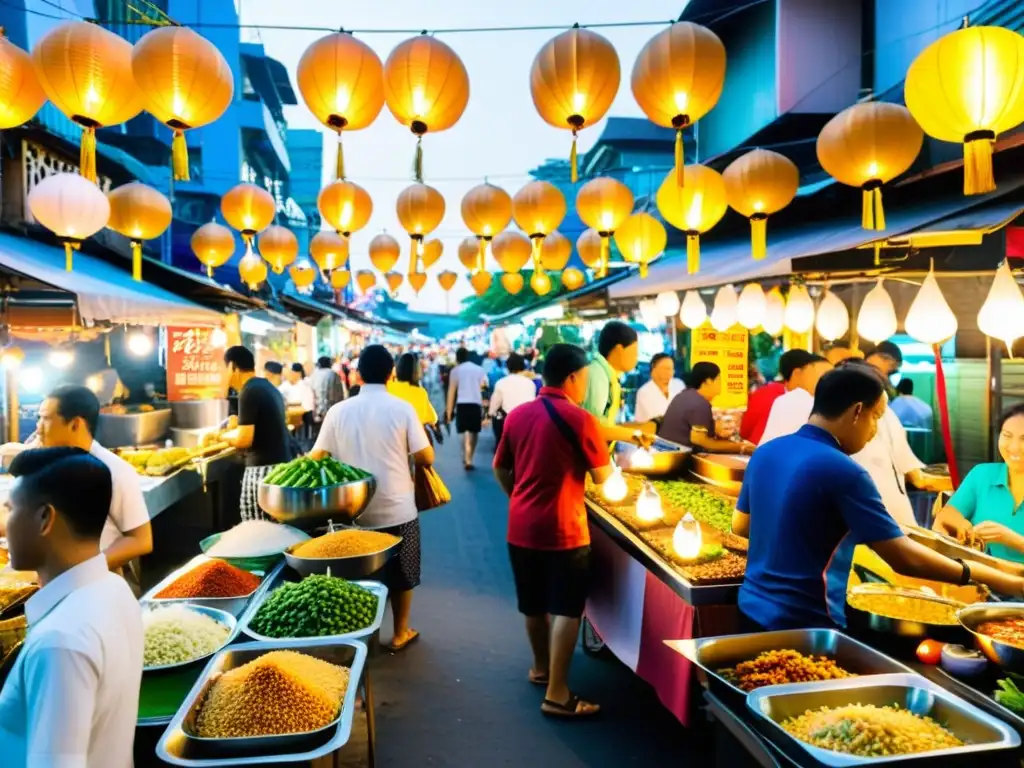 Un mercado bullicioso de cocina callejera en Bangkok, Tailandia, con puestos de comida coloridos y gente disfrutando de tradiciones culinarias