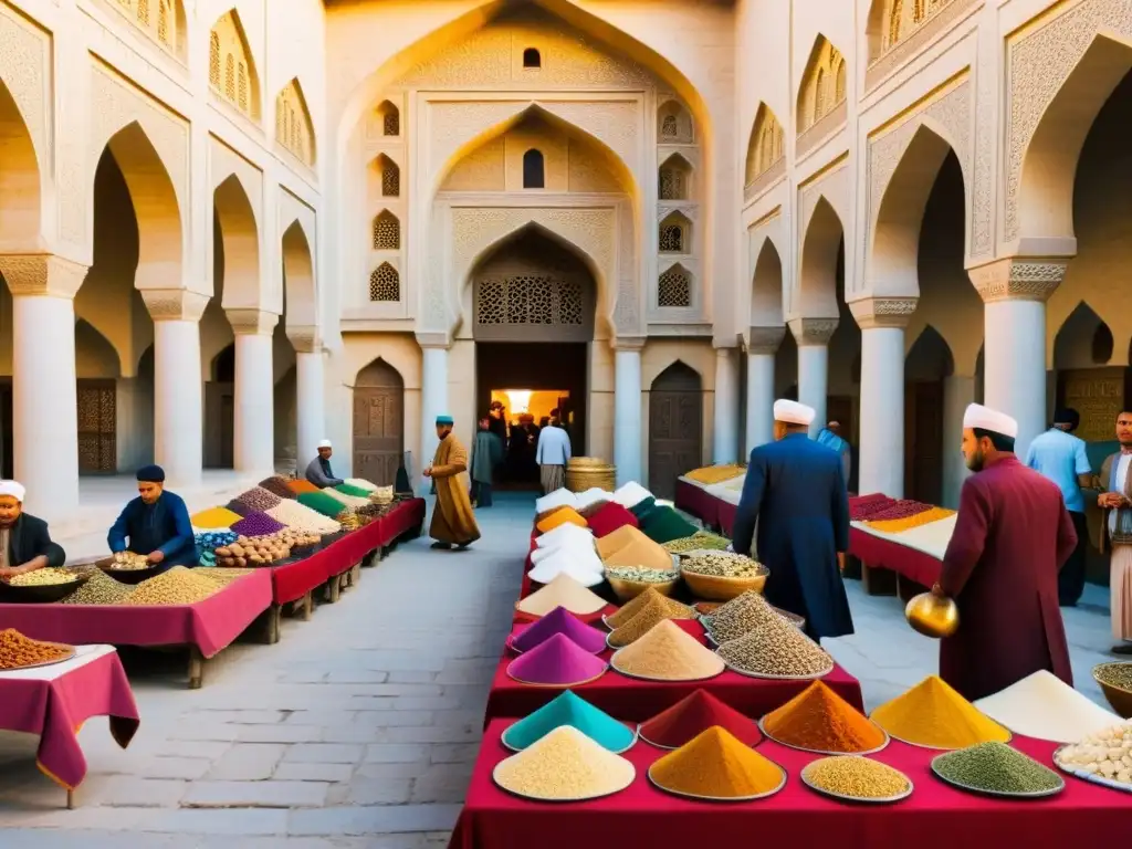 Mercado bullicioso en Bukhara, Uzbekistán, con comerciantes en trajes tradicionales vendiendo textiles, especias y artesanías