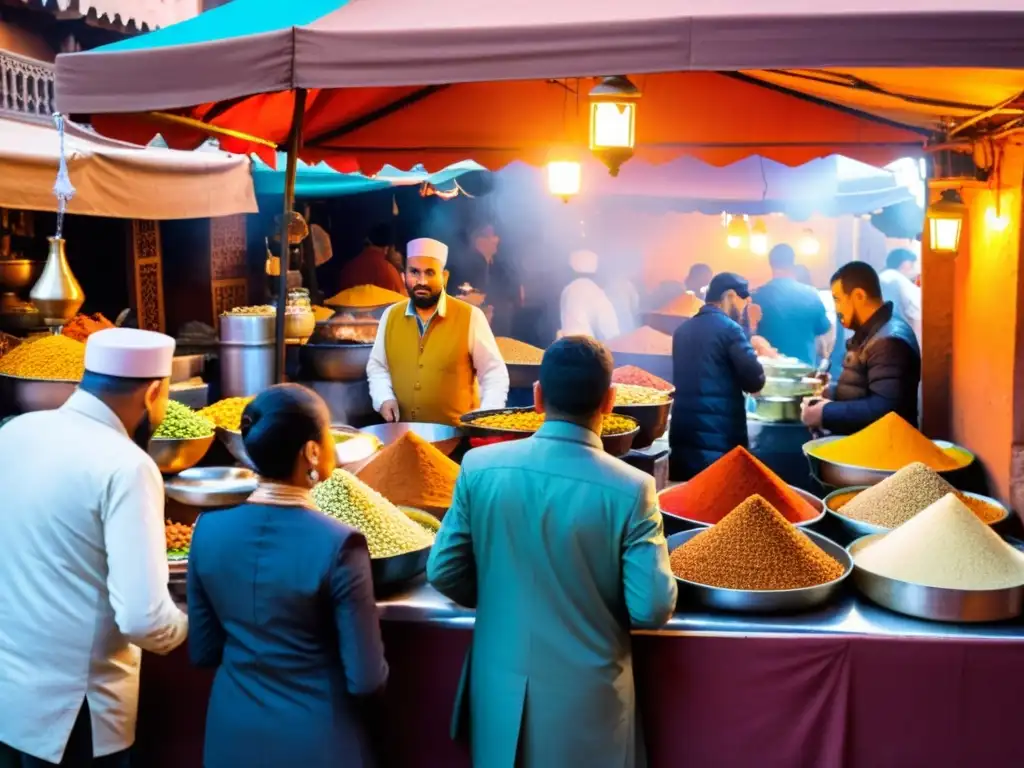 Un mercado bullicioso de comida callejera en Marrakech, con platos tradicionales como tajine, cuscús y carnes a la parrilla