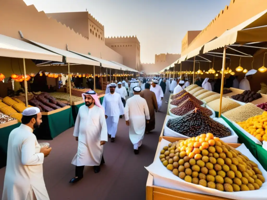 Mercado bullicioso en el corazón de Arabia Saudita, repleto de puestos vibrantes con fechas de todos los colores y tamaños