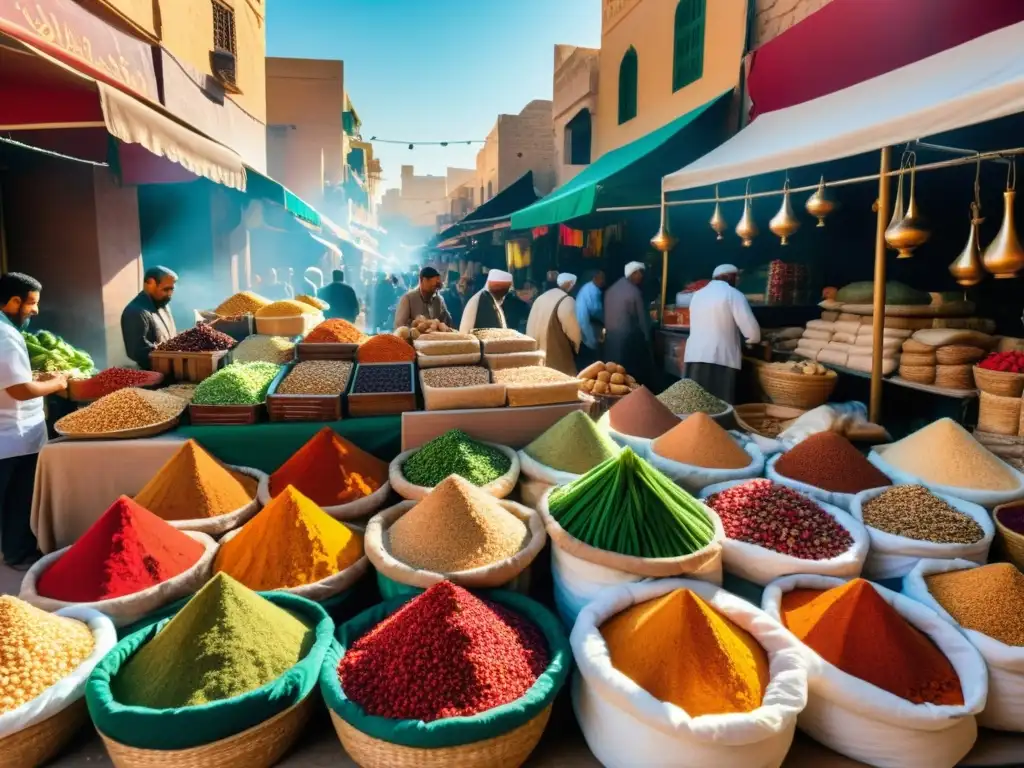 Un mercado bullicioso del Medio Oriente, con especias vibrantes, productos frescos y utensilios de cocina tradicionales