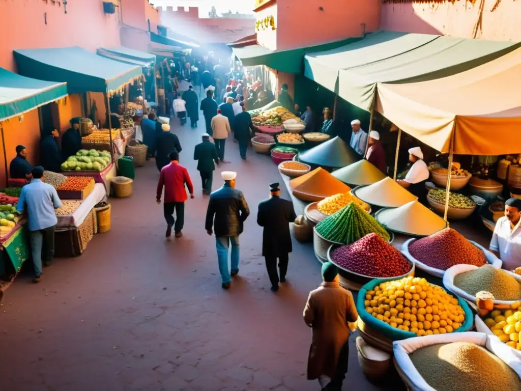 Un mercado bullicioso en Marrakech, Marruecos, con frutas exóticas, especias y platos tradicionales