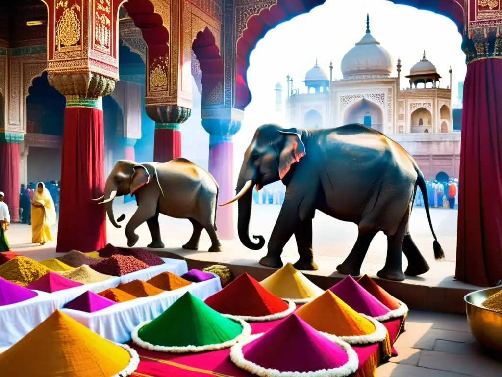 Mercado bullicioso en la India antigua a lo largo de la Ruta de la Seda, con telas y especias vibrantes en puestos decorados