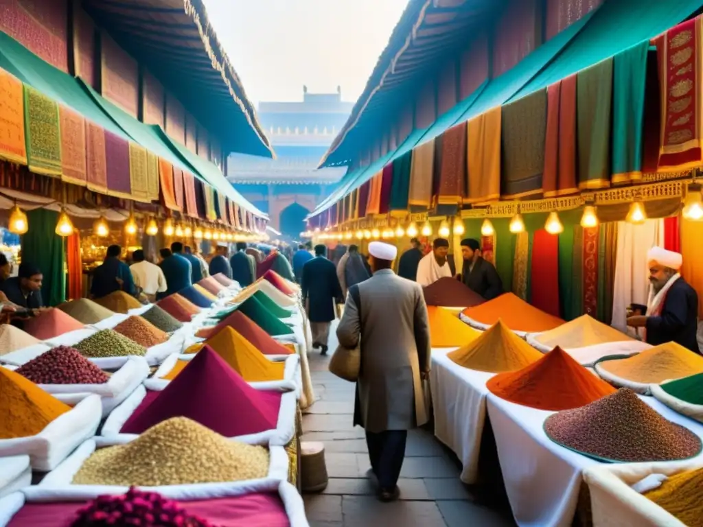 Mercado bullicioso en la India antigua, con vibrantes telas, especias y metales preciosos, reflejando la rica cultura de la Ruta de la Seda India