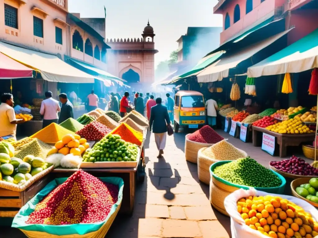 Mercado bullicioso de la India con prácticas de ayuno, frutas, verduras y especias en exhibición, gente animada y arquitectura histórica