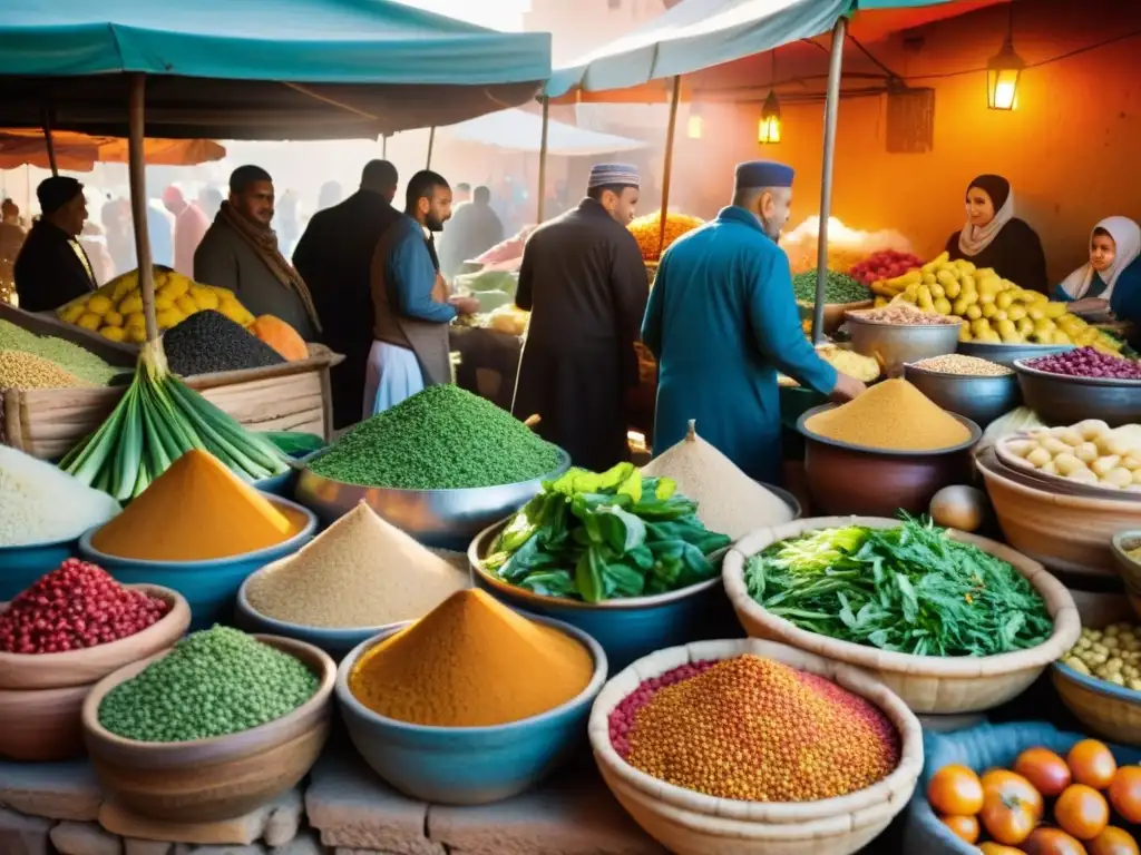 Mercado bullicioso en Marruecos con ingredientes frescos y vendedores preparando sopas tradicionales de diferentes países