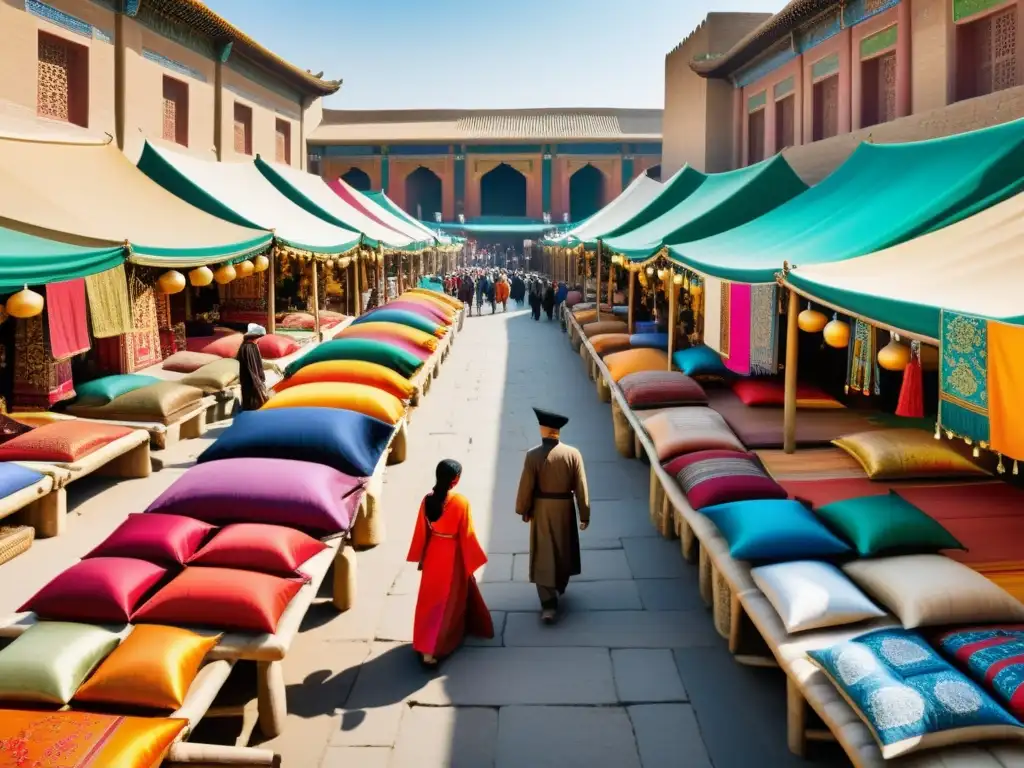 Un mercado bullicioso a lo largo de la histórica Ruta de la Seda, con textiles coloridos en exhibición