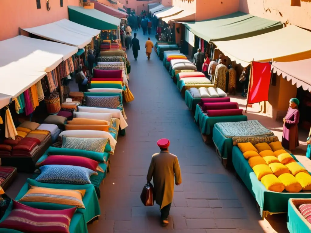 Mercado bullicioso en Marrakech con moda étnica en mercados icónicos