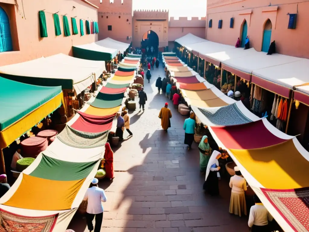 Mercado bullicioso en Marrakech, Marruecos, con moda étnica en puestos coloridos y callejones estrechos