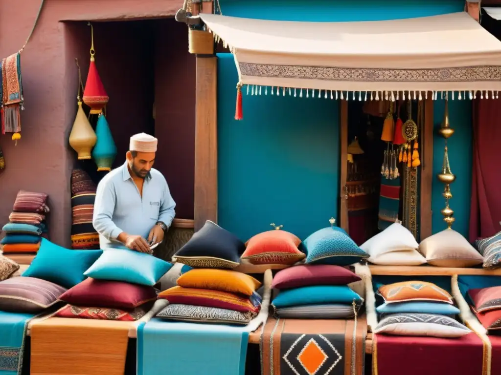 Mercado bullicioso en Marrakech, Marruecos, con moda étnica en puestos de madera, artesanía tradicional y colores vibrantes