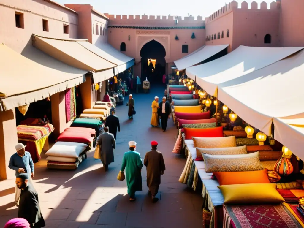 Mercado bullicioso en Marrakech, Marruecos, con moda étnica en mercados icónicos y vibrantes textiles en exposición, atrayendo a locales y turistas