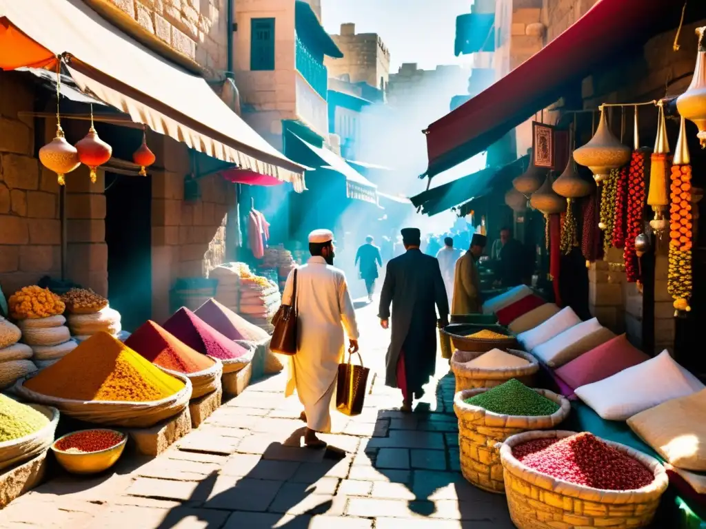 Mercado bullicioso en Oriente Medio con coloridas paradas de especias, telas y un aroma embriagador a incienso