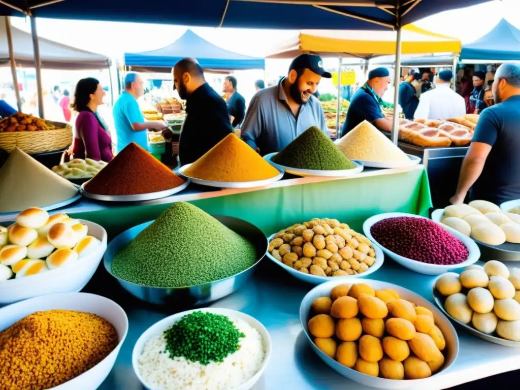 Un mercado bullicioso en Israel, rebosante de puestos coloridos y comida judía tradicional como challah, falafel, shakshuka y rugelach