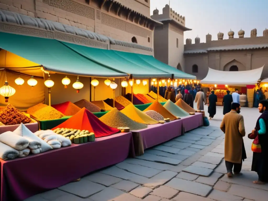 Mercado bullicioso en la Ruta de la Seda con textiles y especias coloridas, comerciantes y viajeros intercambiando bienes y experiencias al atardecer