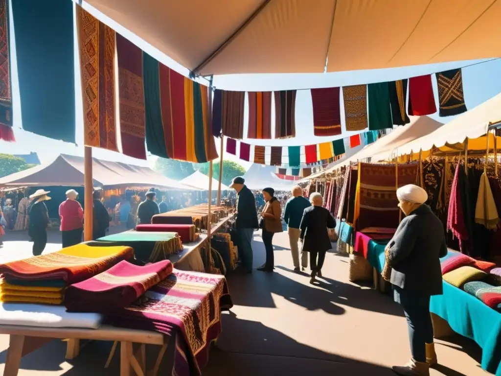 Un mercado bullicioso con textiles coloridos y vibrantes