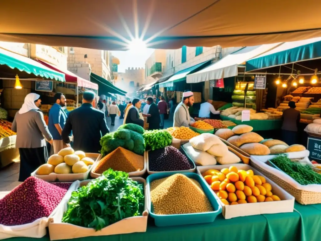 Un mercado bullicioso de Jerusalén, con una variedad de alimentos frescos y especias