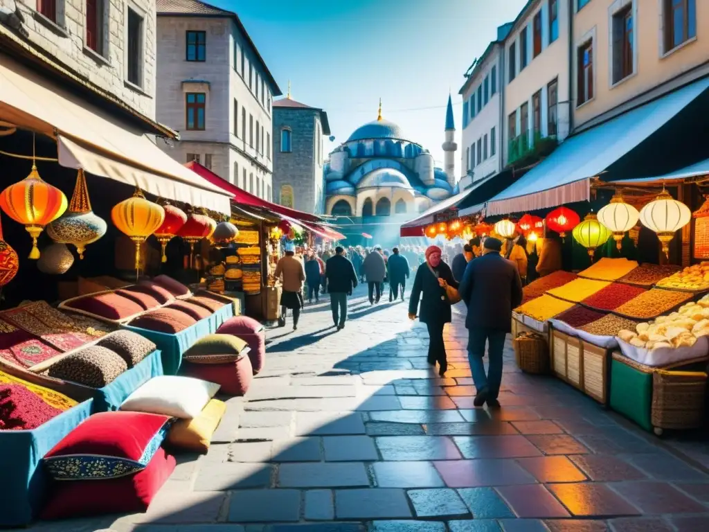 Mercado bullicioso en Estambul, con variedad de productos turcos