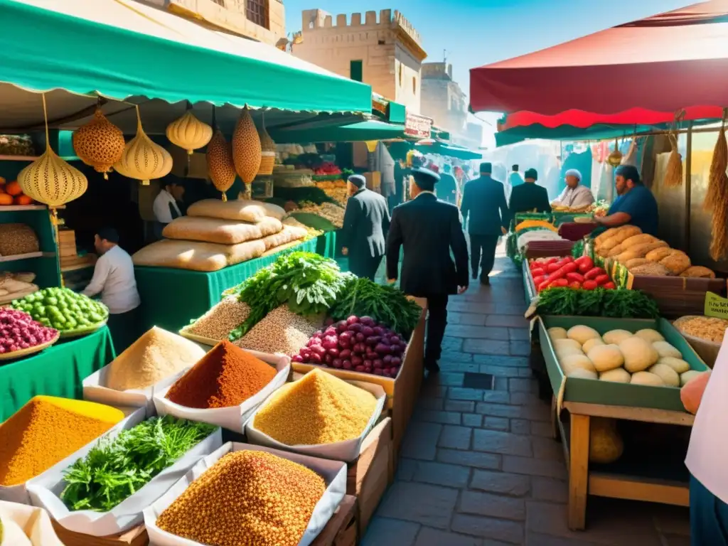 Mercado israelí bullicioso con vibrantes productos frescos, especias aromáticas y comida tradicional judía como challah y falafel