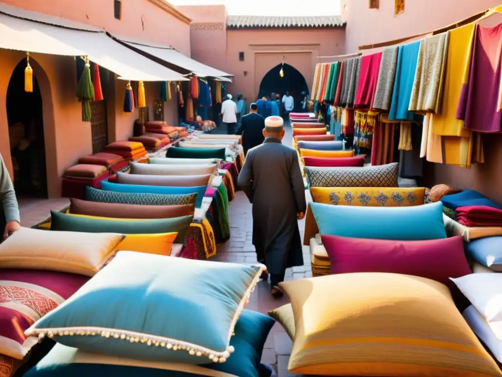 Mercado bullicioso en Marrakech, Marruecos, con vibrantes textiles en puestos, mostrando colores y patrones