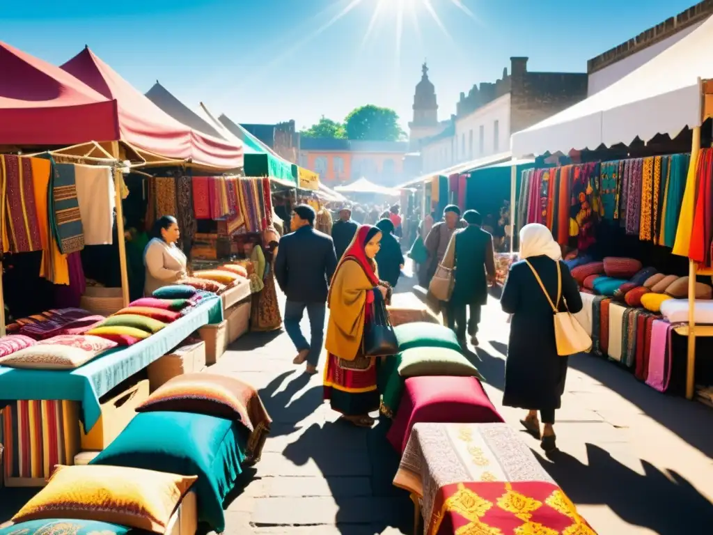 Mercado callejero lleno de coloridos textiles y ropa tradicional, reflejando la diversidad étnica