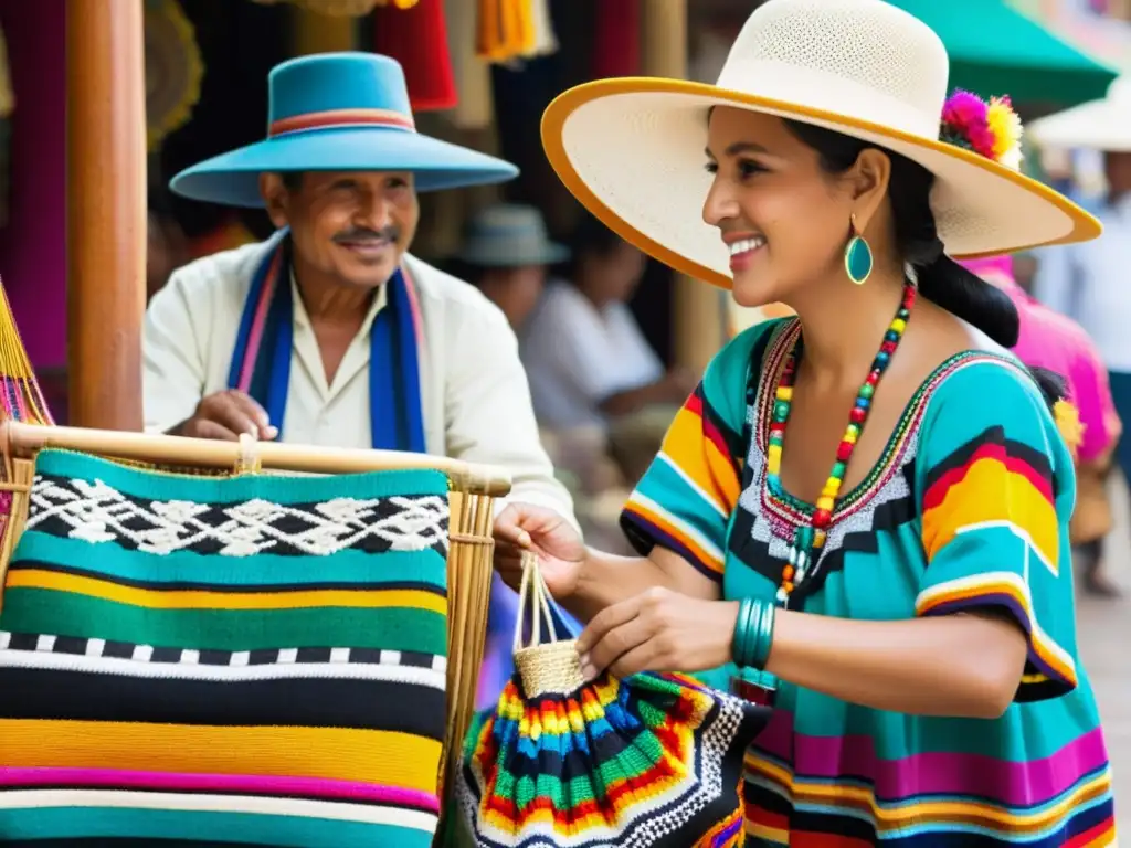 Mercado callejero vibrante de artesanías en Sudamérica Mercado callejero vibrante en una bulliciosa ciudad sudamericana, exhibiendo moda étnica para el día a día y artesanías coloridas
