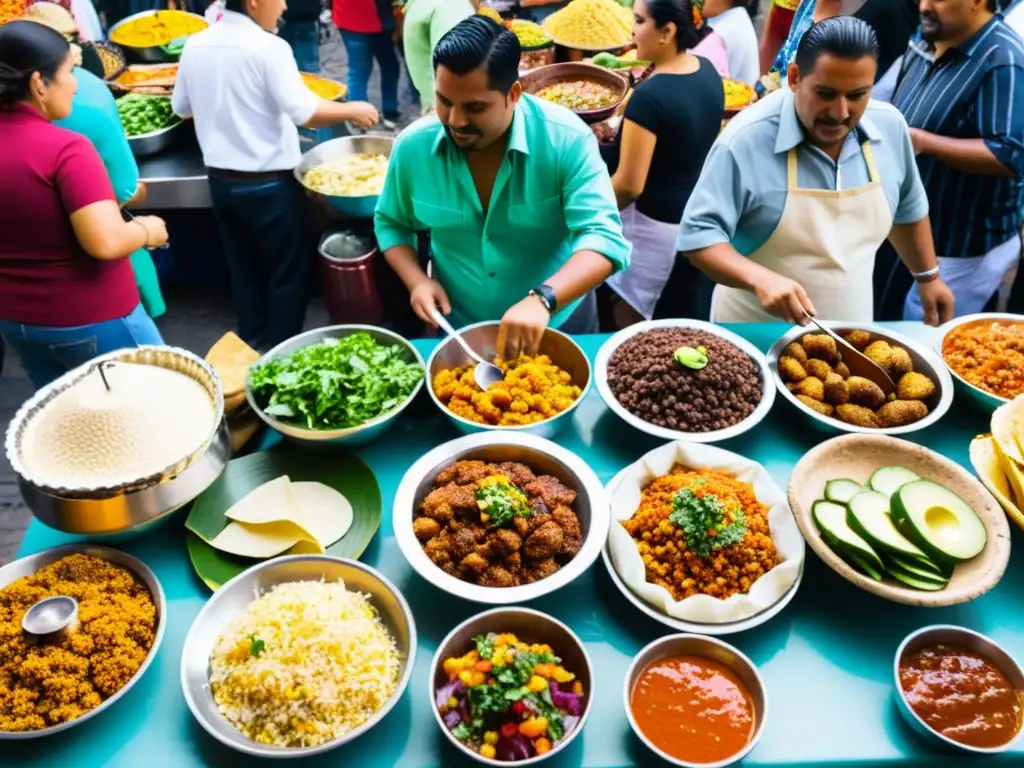 Vivid mercado de comida en la Ciudad de México, con platos tradicionales y una atmósfera cultural