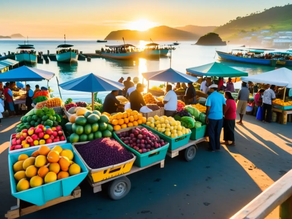 Mercado costero del Pacífico con gastronomía local y la influencia occidental en colores vibrantes y ambiente dinámico