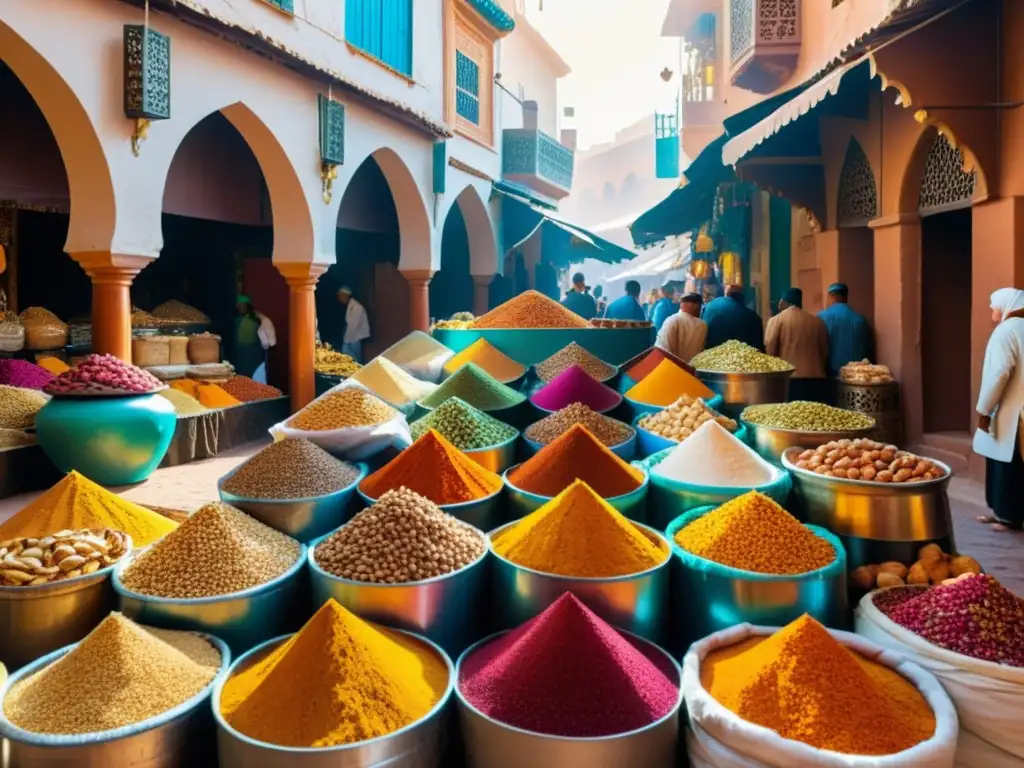 Un mercado de especias en Marruecos con colores vibrantes, aromas tentadores y una atmósfera tradicional