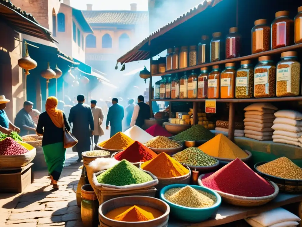 Mercado de especias con colores vibrantes, aromas exóticos y la Ruta del especiero sabores continentes