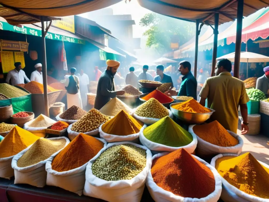 Un mercado de especias en la India con colores vibrantes y una atmósfera bulliciosa que te transporta en un viaje al corazón de India