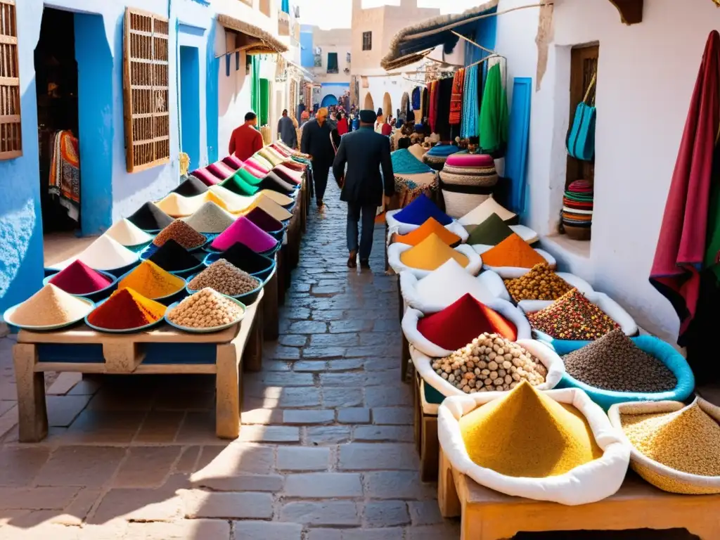 Mercado étnico en Essaouira, Marruecos: textiles y moda berberes en un bullicioso ambiente lleno de color, texturas y patrones vibrantes