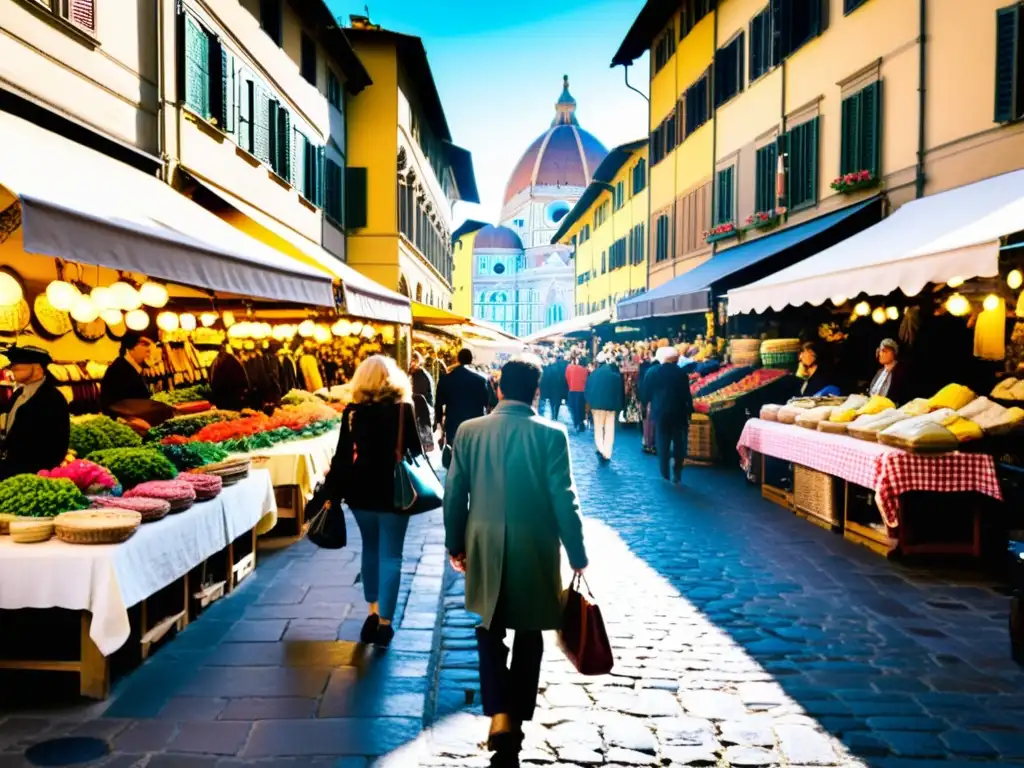 Mercado étnico en Florencia, Italia, con ropa vintage vibrante y clientes explorando