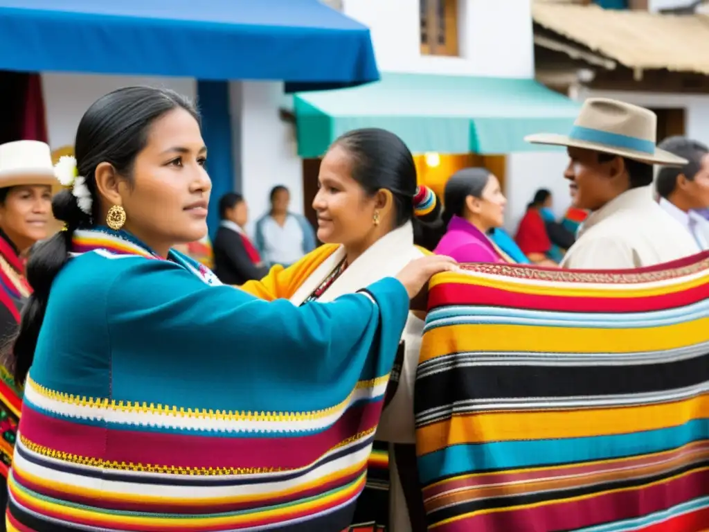 Mercado étnico en Otavalo, Ecuador, muestra textiles coloridos y moda tradicional