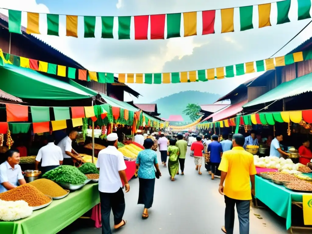 Mercado festivo en un pueblo de Malasia durante el Festival Hari Raya Haji sacrificio, con colores, aromas y rituales tradicionales