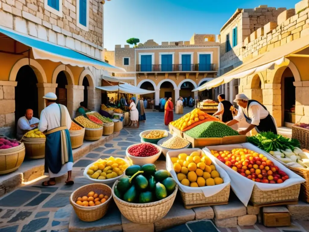 Mercado griego antiguo con vendedores y productos coloridos, reflejando la vida bulliciosa y la esencia de la dieta mediterránea estilo de vida