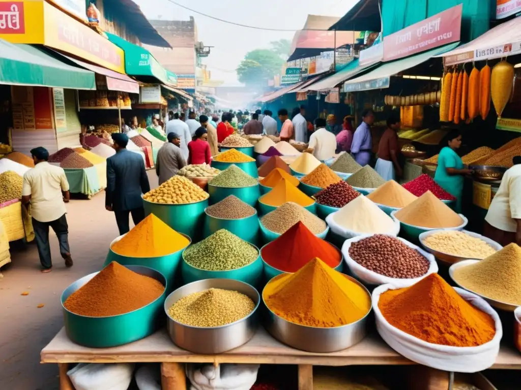 Un mercado indio bullicioso lleno de colores vibrantes y personas seleccionando especias e ingredientes