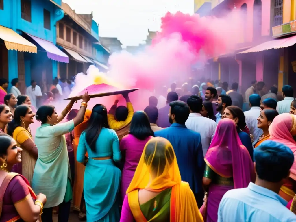 Un mercado indio vibrante durante el festival de Holi, con polvo de colores en el aire