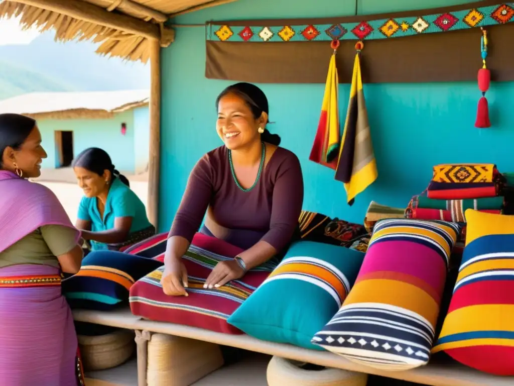 Un mercado local vibrante en un pueblo remoto, con artesanos indígenas mostrando orgullosamente sus textiles y ropa tradicional