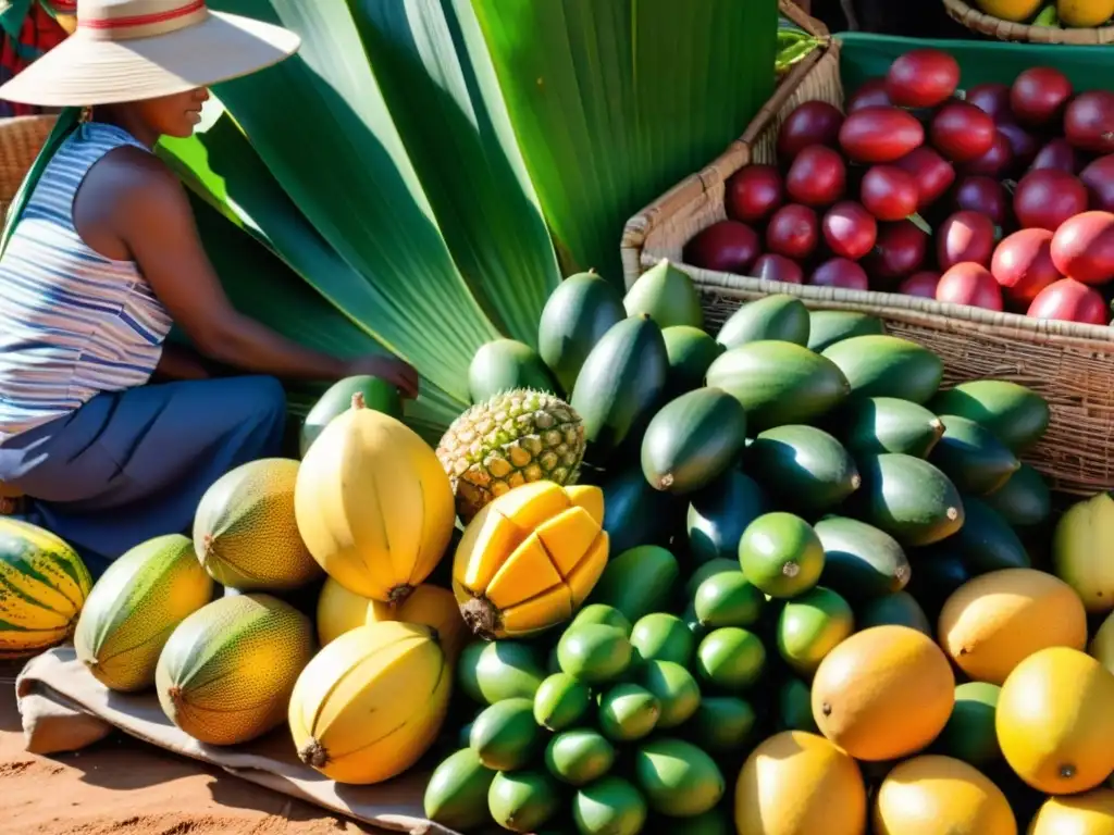 Un mercado malgache rebosante de frutas tropicales y colores vivos, reflejando la influencia francesa en las lenguas malgaches