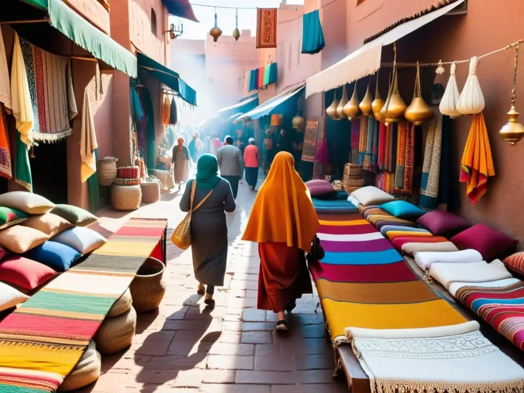 Mercado de Marrakech con textiles vibrantes y moda étnica