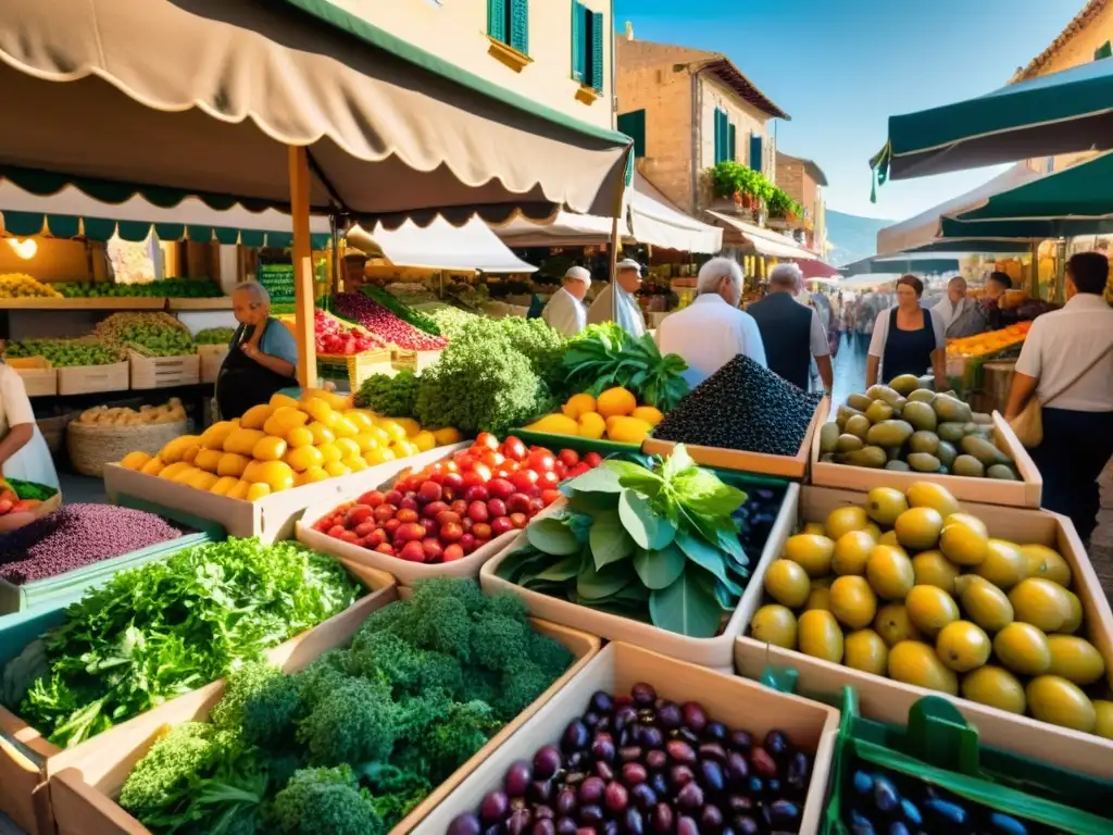 Un mercado mediterráneo bullicioso con frutas, verduras, aceitunas y hierbas frescas