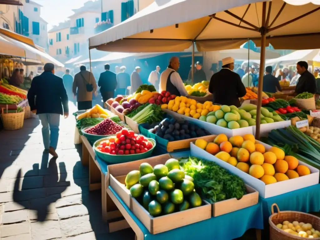 Un mercado mediterráneo bullicioso con frutas y verduras frescas, reflejando la rica variedad y la Dieta Mediterránea estilo de vida