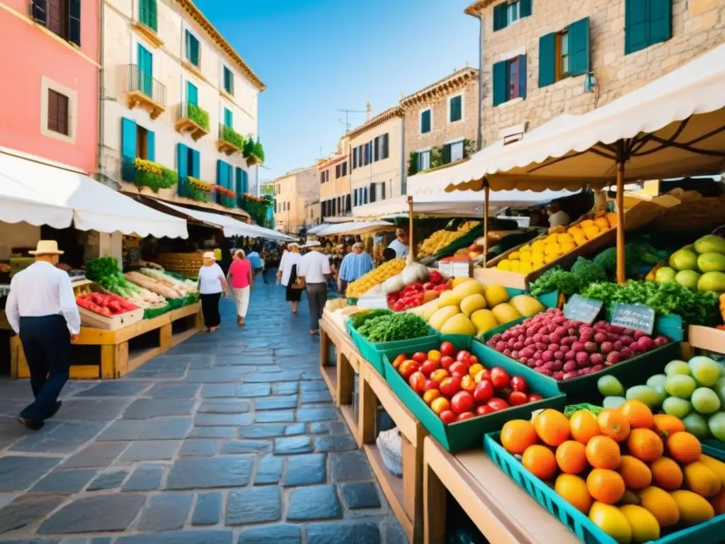 Mercado mediterráneo rebosante de frutas y verduras frescas